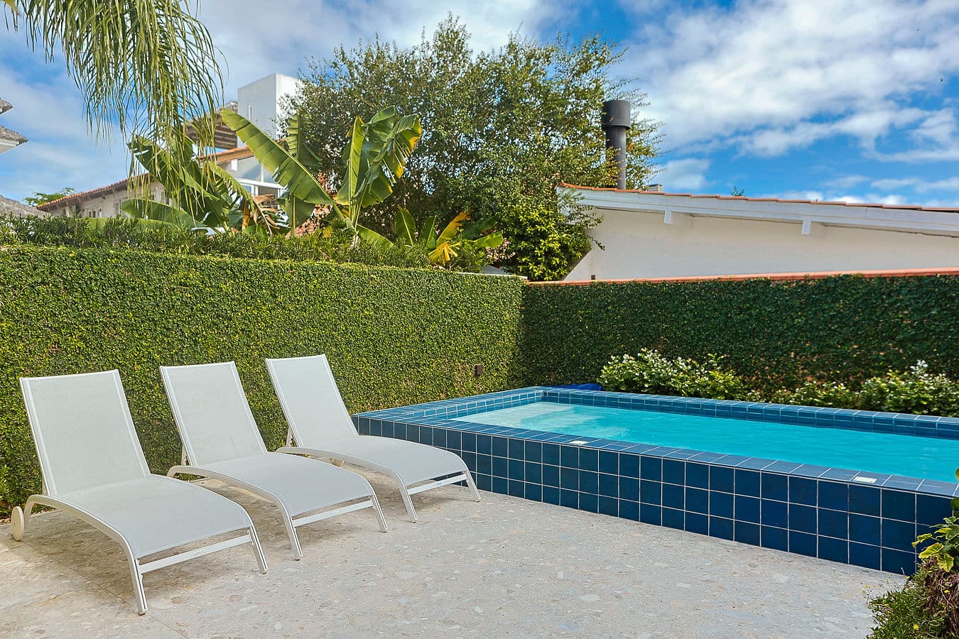 Espreguiçadeiras junto à piscina e muro verde